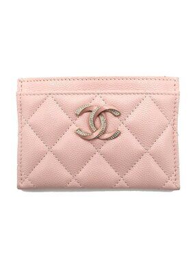 Chanel Ten Pass Case Card Case Pink Caviar Leather CC Logo Rhinestone